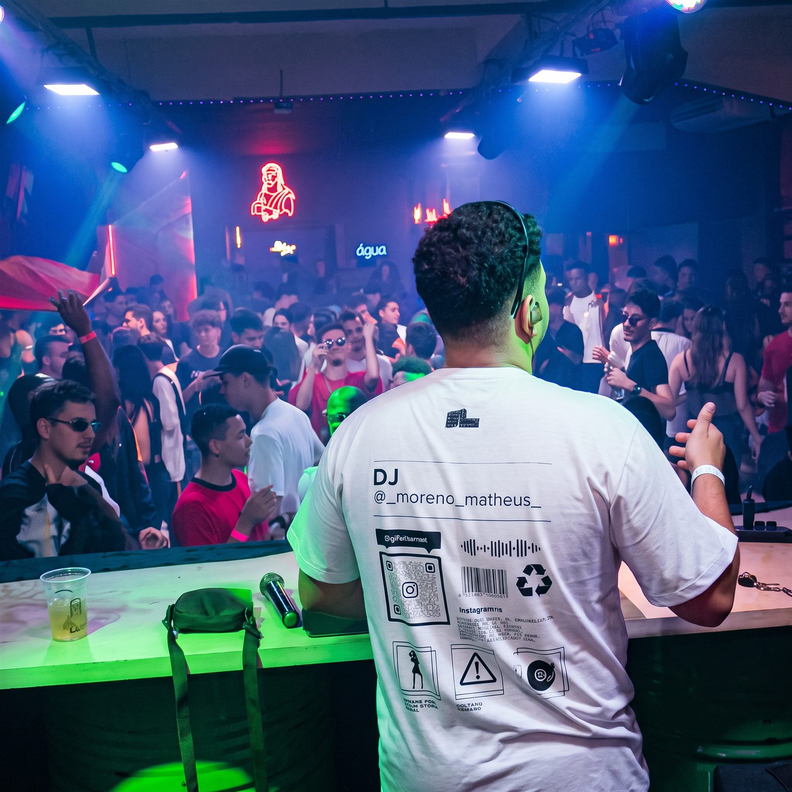 Moreno de camiseta com sua marca em pista de dança lotada